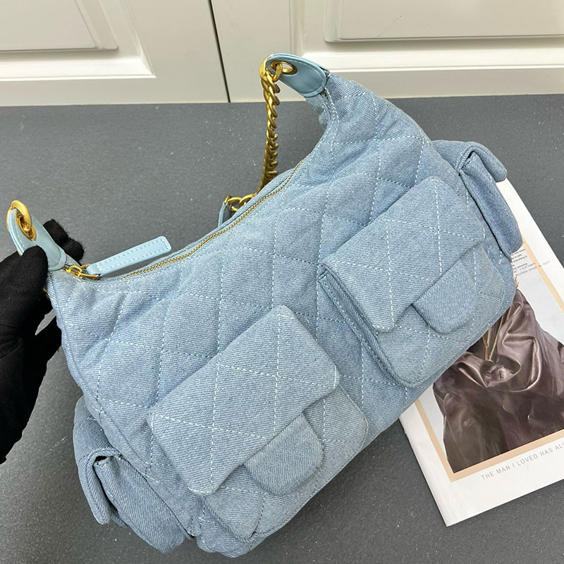 25c High Quality Shoulder Designer hobo Double Pocket Chain Leather Large Capacity Hippie Crossbody Bag Summer Blue Womens