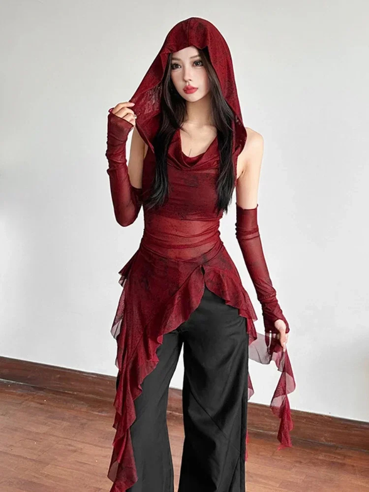 Streetwear 90s Grunge Mesh See Through Hooded Tops Cyber Y2K Irregular Hem Ruffles Hoodie Women Slim Blouse with Cuffs250304