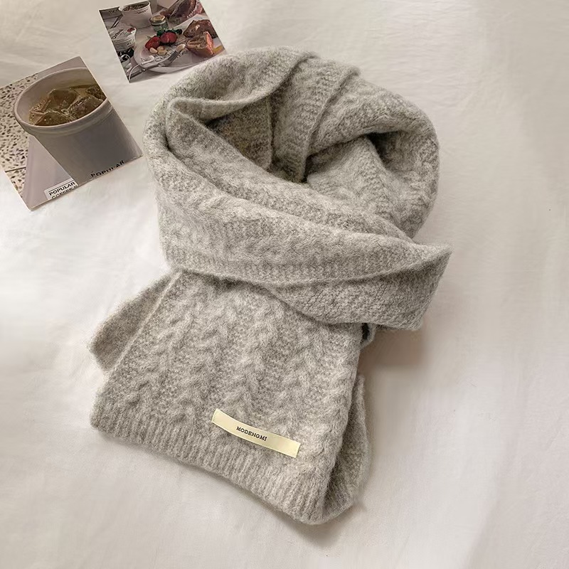 K074 Avocado green wool knitted wool scarf for women autumn and winter Korean style solid color warm thick student twisted scarf