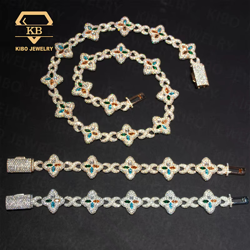 Fashion Hip Hop Jewelry 22mm Rose Gold 925 Sterling Silver Colored Moissanite Diamond Four Leaf Clover Infinity Link Chain