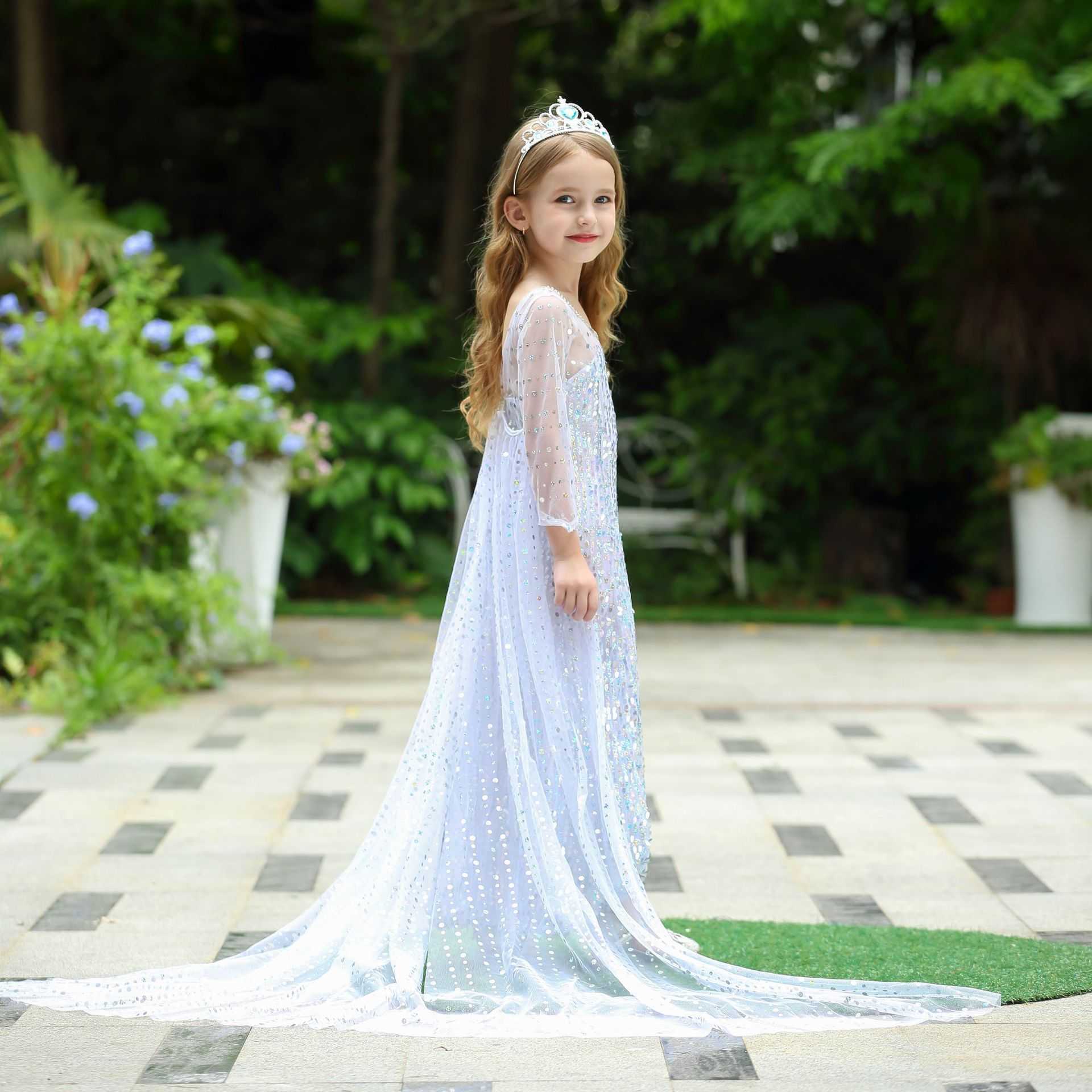 Girl's Dresses 2 Princess Dress Long Sleeve White Glitter Dress Girls Performance Dress Y250307EM5W