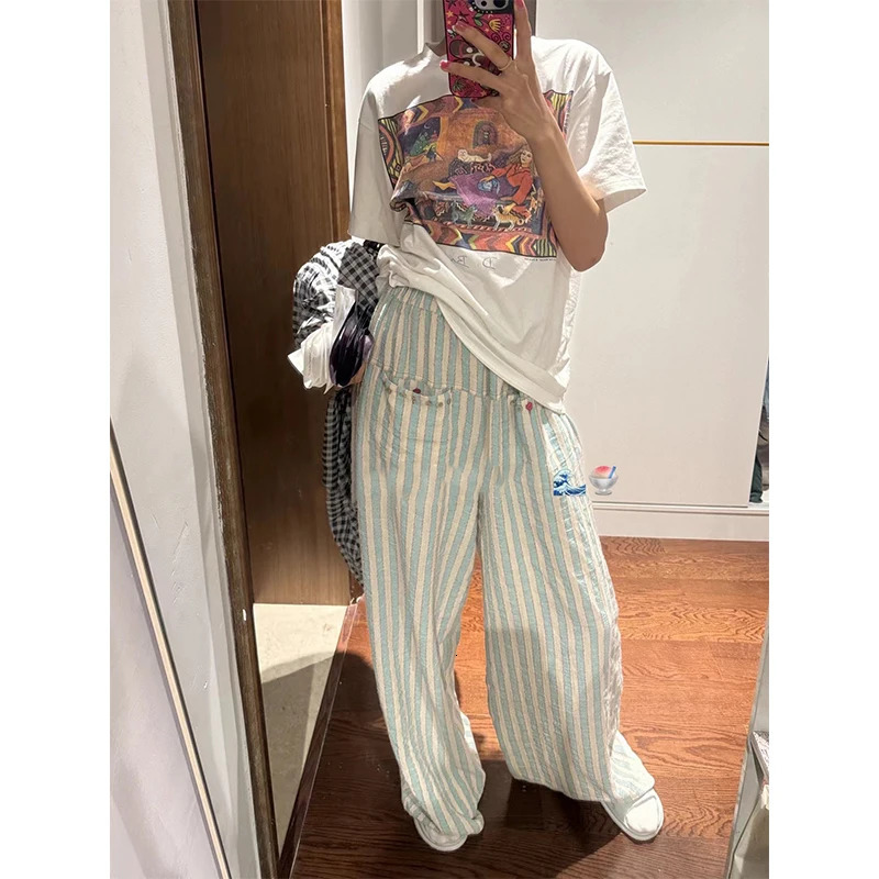 Retro striped wide leg pants Harajuku womens high waisted cotton linen pants summer Japanese streetwear luggage straight pants 250306