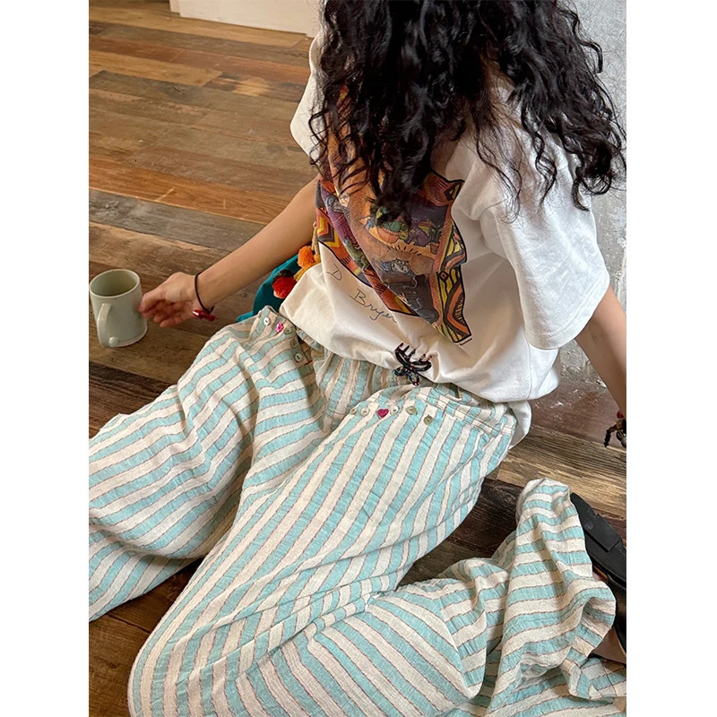 Retro striped wide leg pants Harajuku womens high waisted cotton linen pants summer Japanese streetwear luggage straight pants 250306