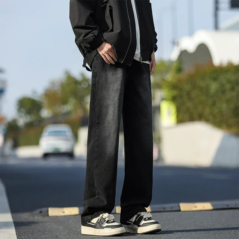 2025 Korean style mens casual long jeans classic straight denim wide leg pants solid color light blue gray up to 3XL 250305