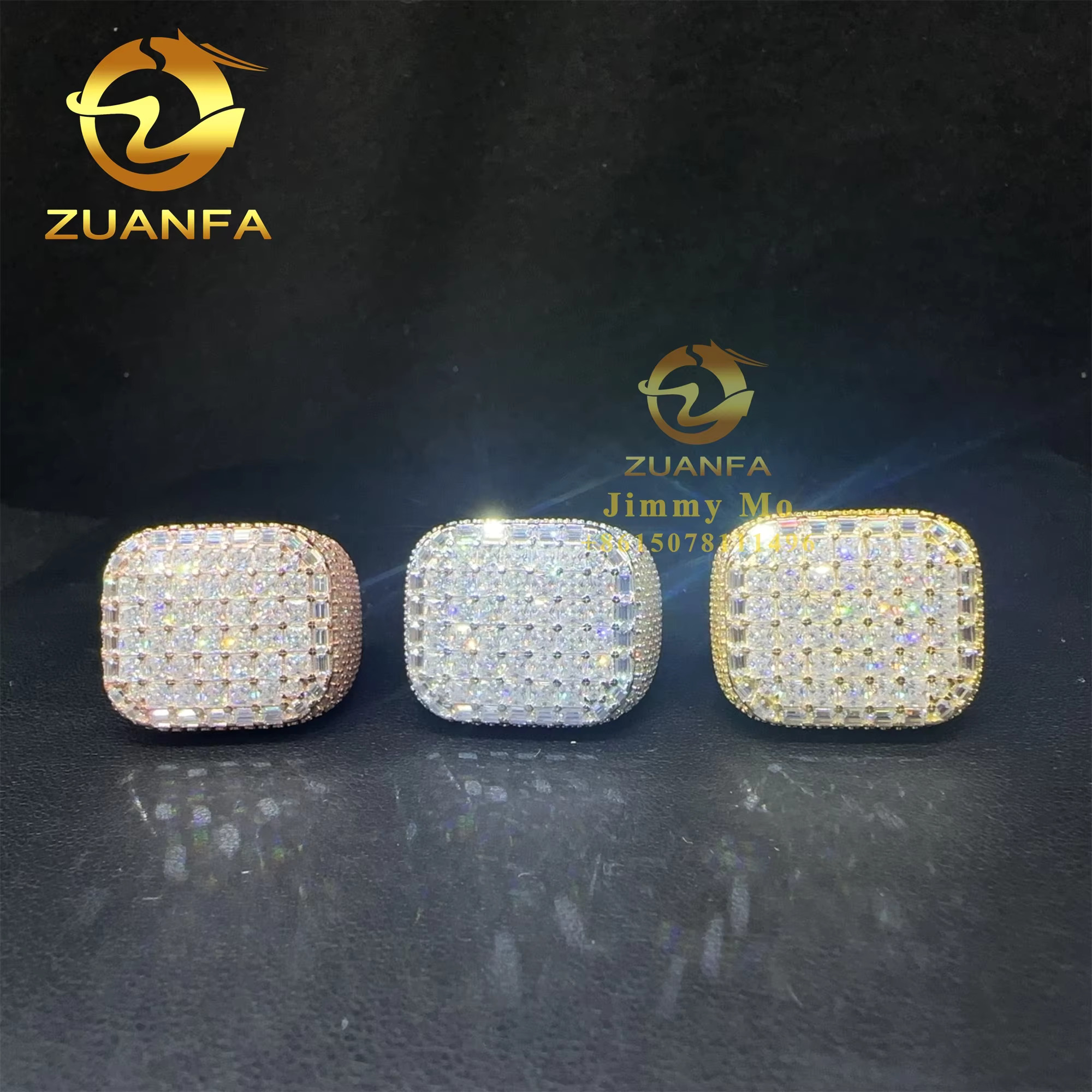 Drop Shipping Fashion Style GRA Certificate Iced Out Hip Hop Vvs Baguette Moissanite Diamond 925 Sterling Silver Ring Men