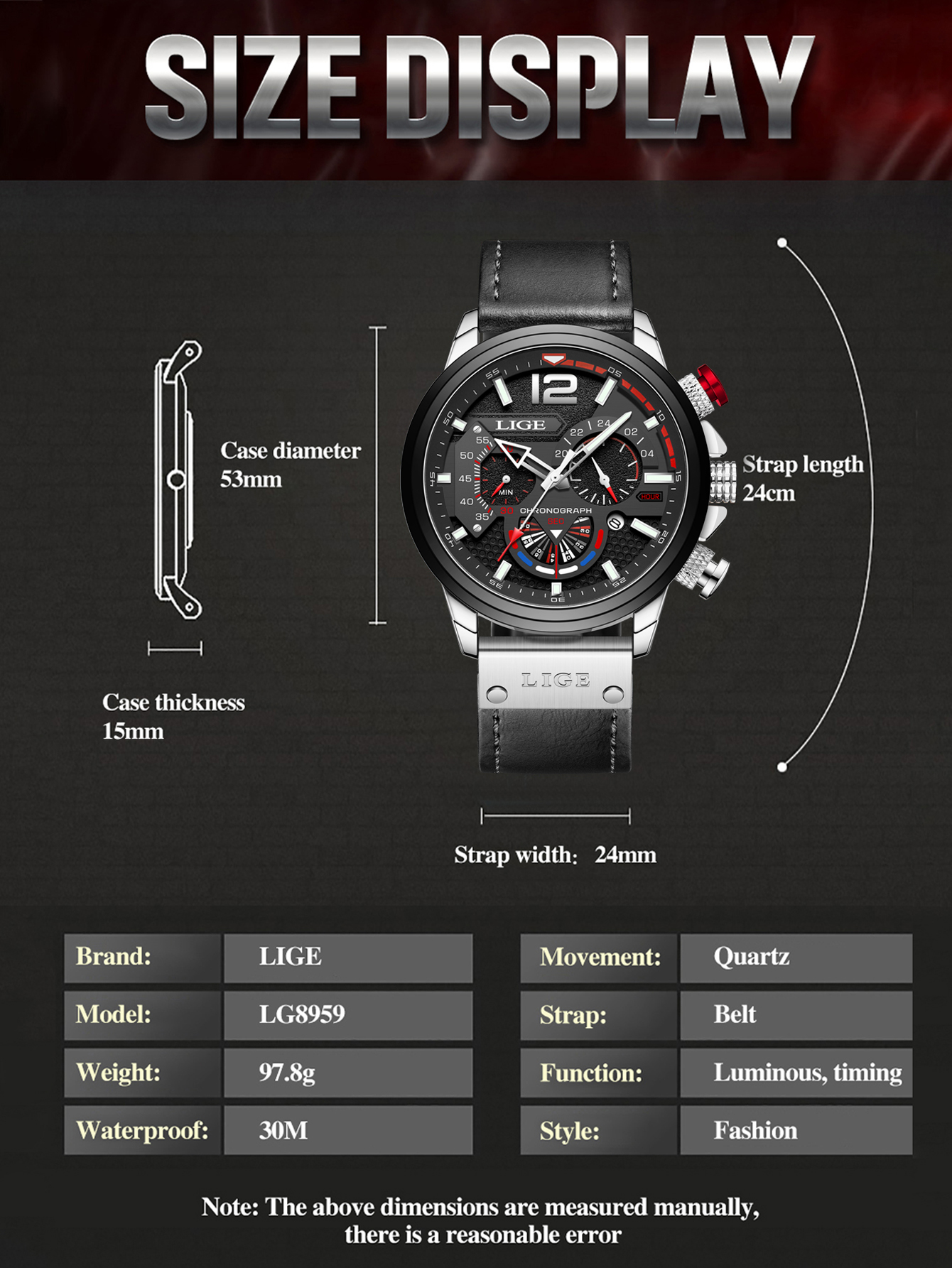 LIGE brand leather strap men's watch multifunctional waterproof calendar large dial quartz watch sports timing code men's watch