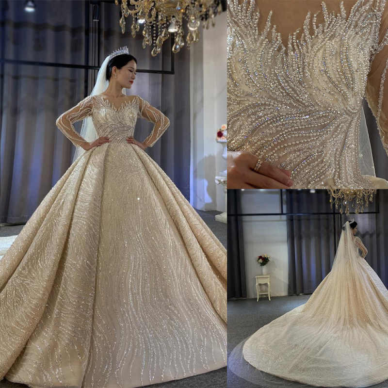 Vintage A e Women Wedding Sheer Neck Long Sleeves Bridal Gowns Sequins Pearls Sweep Train Dress Custom Made