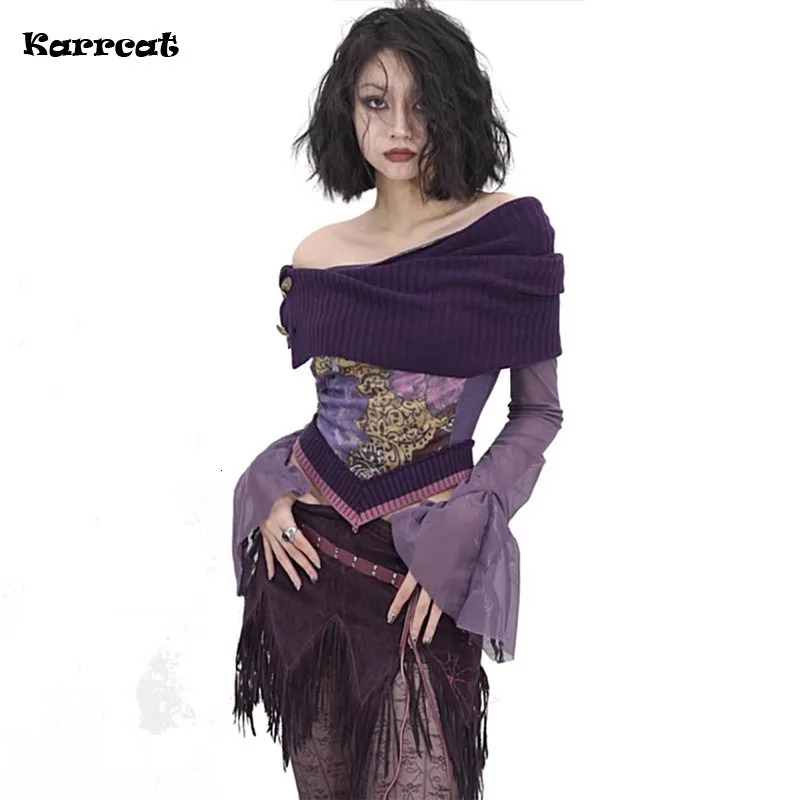 Karrcat Japanese Y2k Off Shoulder Top Grunge Aesthetics Knitted Mesh Top Vintage Trashy 2000s Flare Sleeve Purple T Shirt Gothic250304