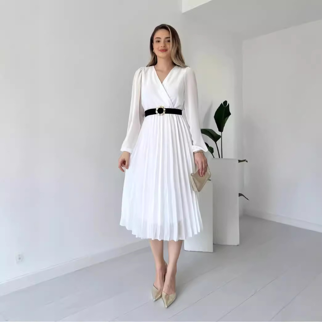 H29220 Women's 2024 Autumn French New Style Solid Color Long Sleeve V-Neck Waist Pleated Temperament Dress