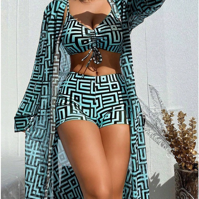 New Womens Split Swimsuit Cover Up Three Piece Set Gathered for Beach High Waisted Flat Angle Pants Swimming