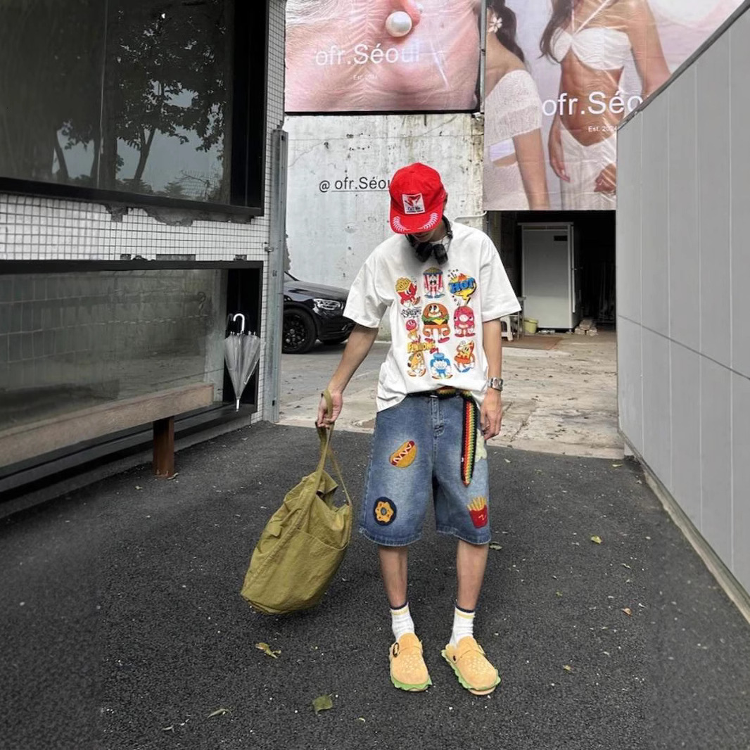 American Street Harajuku Retro Denim Shorts with Letter Embroidery Oversized Jeans Men Y2k Loose Casual Versatile Shorts Women 240701