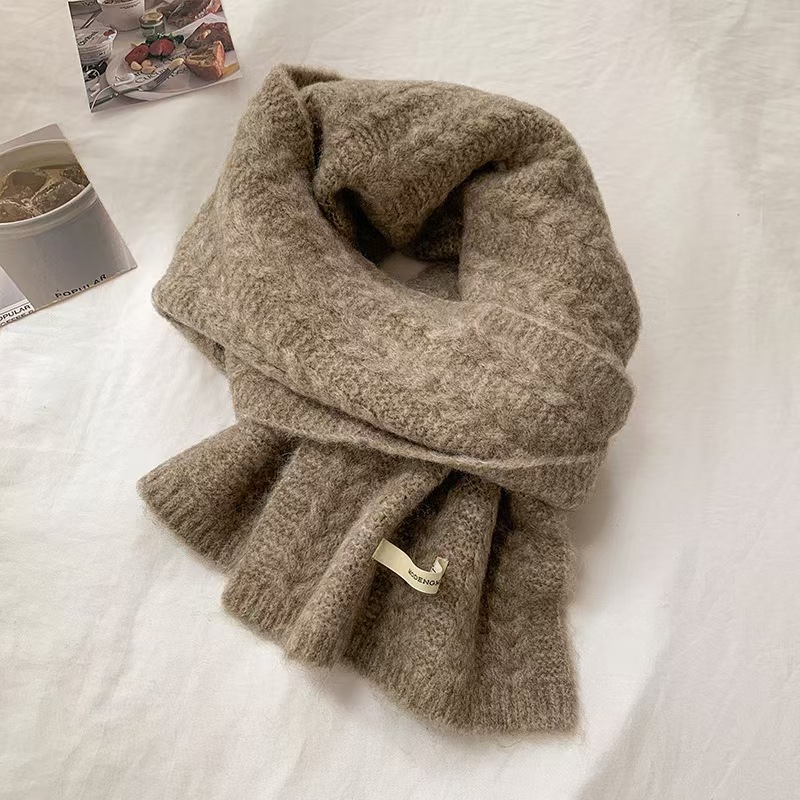 K074 Avocado green wool knitted wool scarf for women autumn and winter Korean style solid color warm thick student twisted scarf