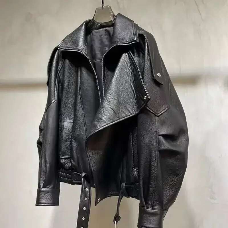 Korean Fashion Black Clothing Autumn/Winter New Loose Casual Coat PU Leather Motorcycle Jacket Women Tops