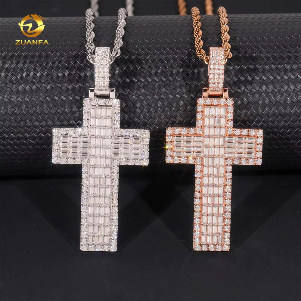 Ready Shipping Hip Hop Jewelry Cross Vvs Moissanite Pendant Silver 925 Iced Out Moissanite Baguette Cross Pendant With Chain