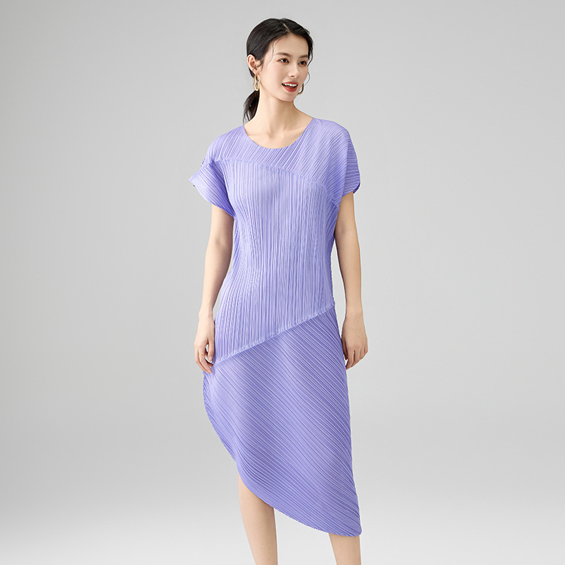 L11170 New summer fashion design temperament slim round neck short sleeve fold irregular dress for women