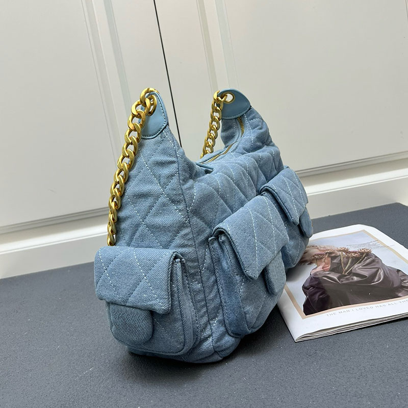 25c High Quality Shoulder Designer hobo Double Pocket Chain Leather Large Capacity Hippie Crossbody Bag Summer Blue Womens