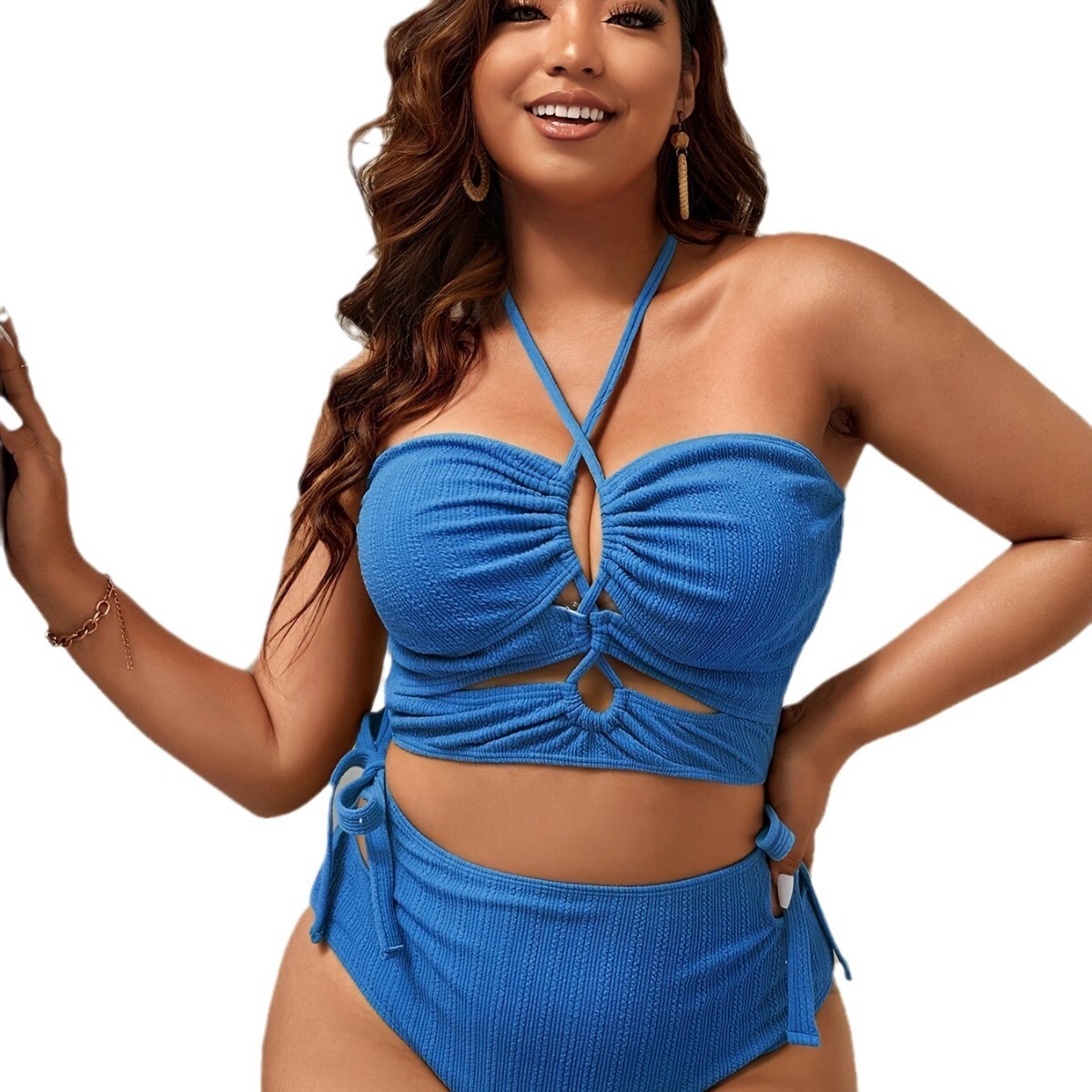 New Plus Size Pit Stripe Special Fabric Solid Color Multi-color Split Slim Fit Bikini Swimsuit