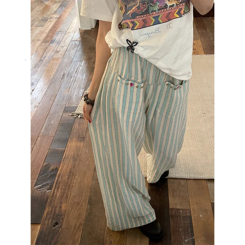Retro striped wide leg pants Harajuku womens high waisted cotton linen pants summer Japanese streetwear luggage straight pants 250306