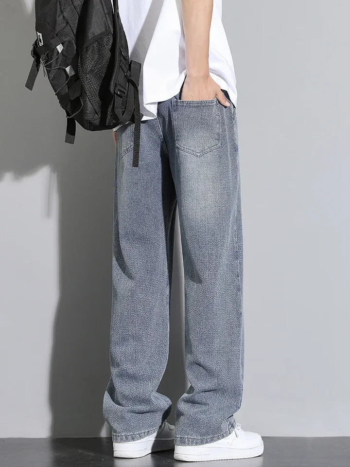 2025 Mens Casual Long Jeans Korean StyleClassic Straight Denim WideLeg Pants Solid Colors Light Blue Grey Black up to 3XL 250305