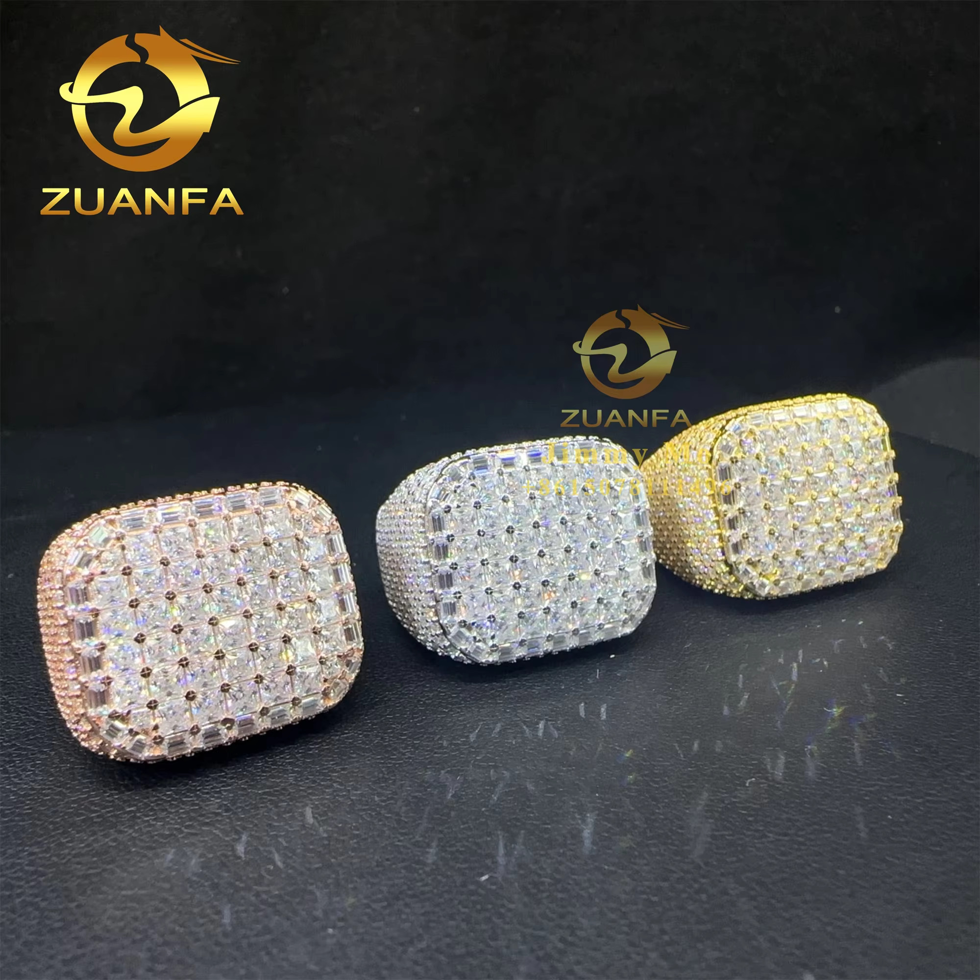 Drop Shipping Fashion Style GRA Certificate Iced Out Hip Hop Vvs Baguette Moissanite Diamond 925 Sterling Silver Ring Men