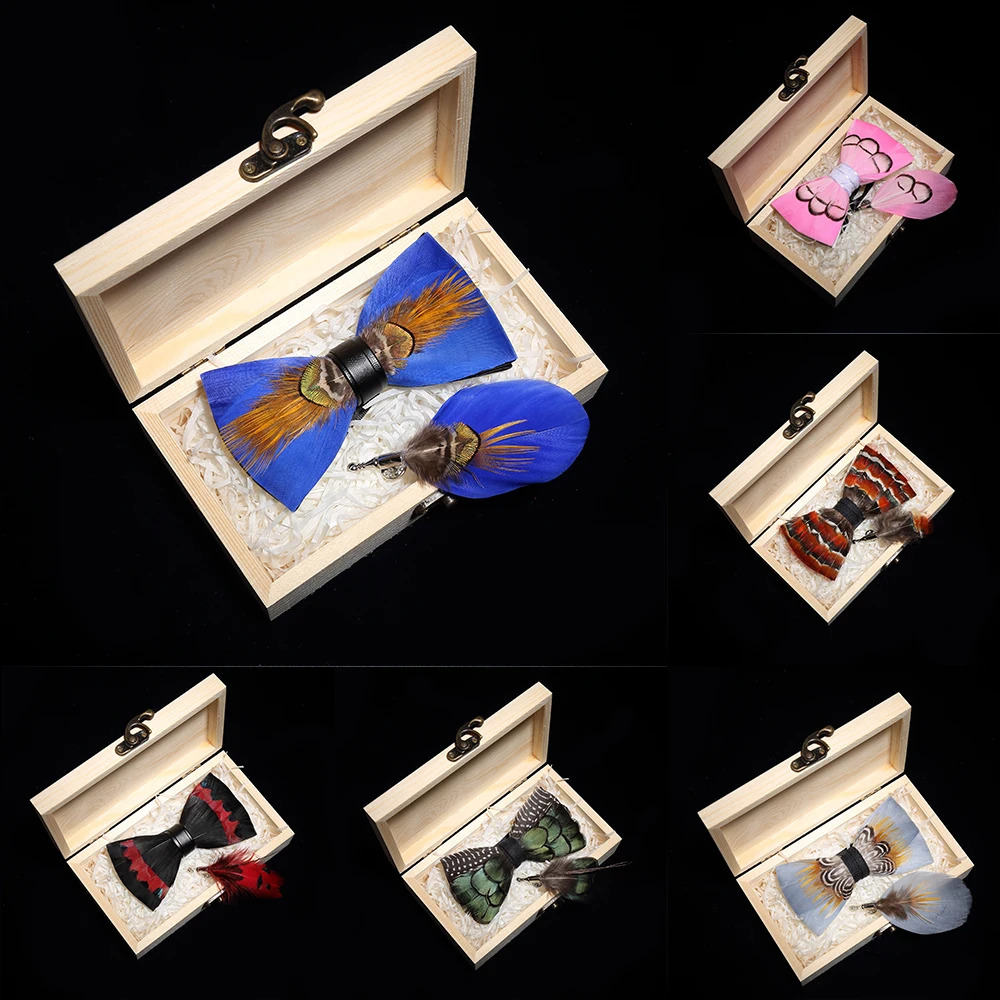 JEMYGINS original bow tie peacock feather handmade leather bow tie brooch pine gift set wedding party mens suit Bowtie Necktie 250306