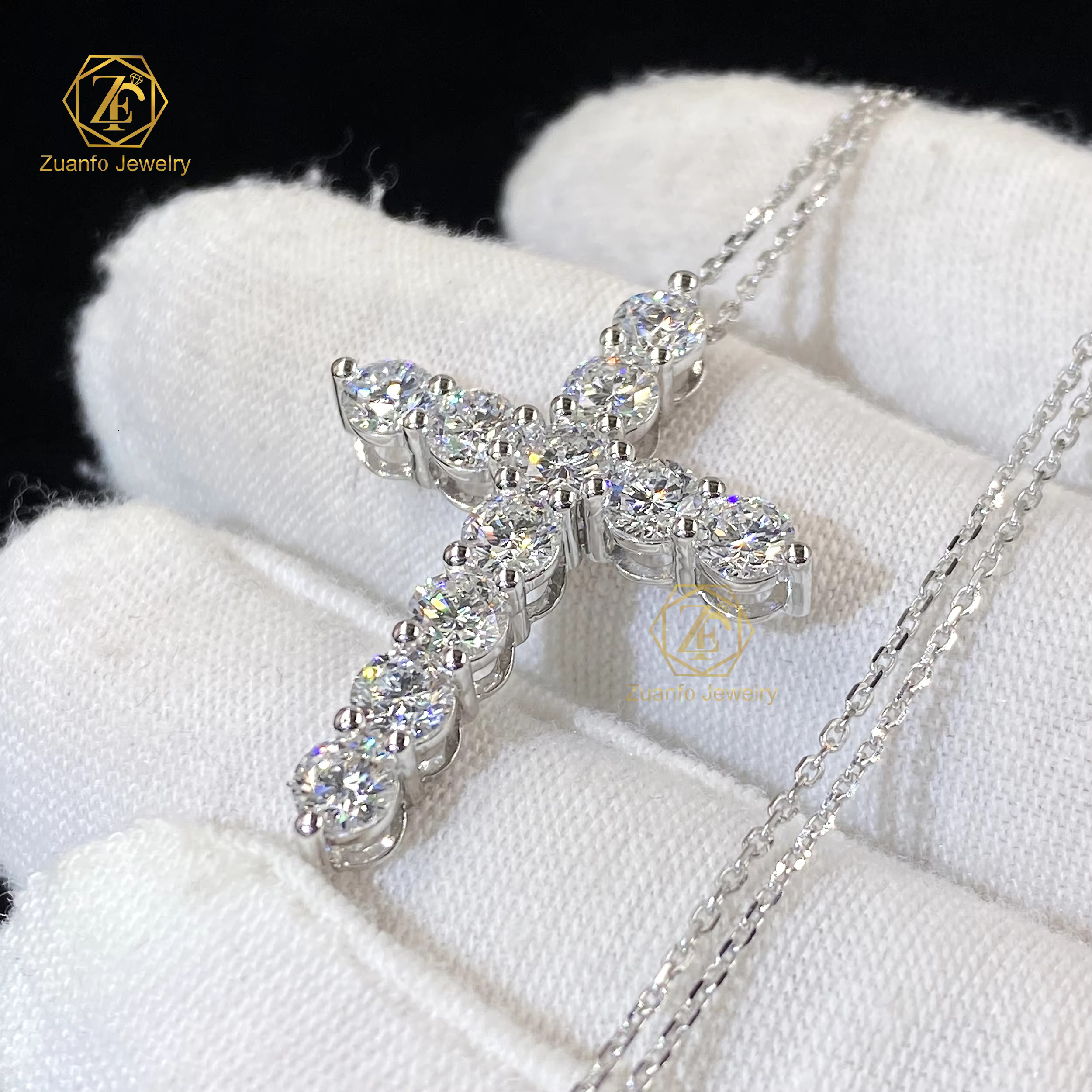 Real Diamond Jewelry Jesus Cross Pendant 4mm 5mm Lab Grown Diamond 14k White Gold Pendant Necklace