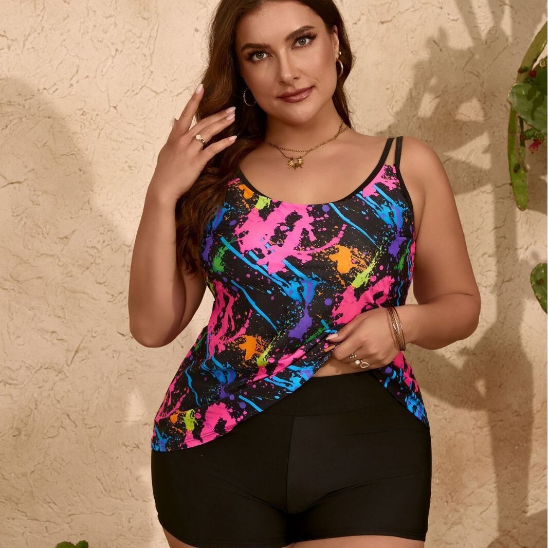 New Womens Plus Size Digital Printed Conservative Split Flat Angle Tankini Swimsuit