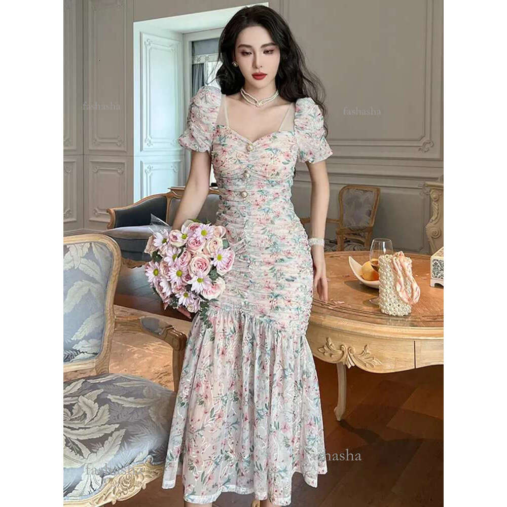 Basic Casual Dresses Mesh Strap Dress Sweet Gentle Elegant Dress For Women Mesh Flower Pleate Bubble Sleeve Bodycon Fishitail Robe Party Holiday Vesti