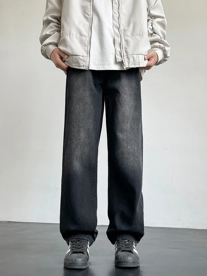 2025 Korean style mens casual long jeans classic straight denim wide leg pants solid color light blue gray up to 3XL y250305