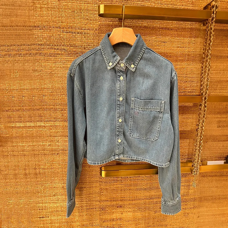 Denim Coat for Women 2024 Autumn Winter Spliced Turn Down Collar Single Breasted Casual Long Sleeve Jacket 250226