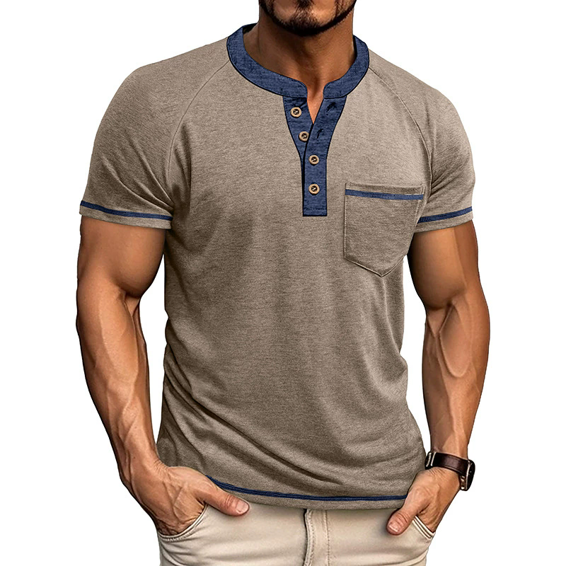 XXXL T-shirts Summer Men's Short-sleeved Henry Shirt Buttons Retro T-shirt Color Matching Polos Clothes Male Pullovers Tops Tees Dark Grey Green 