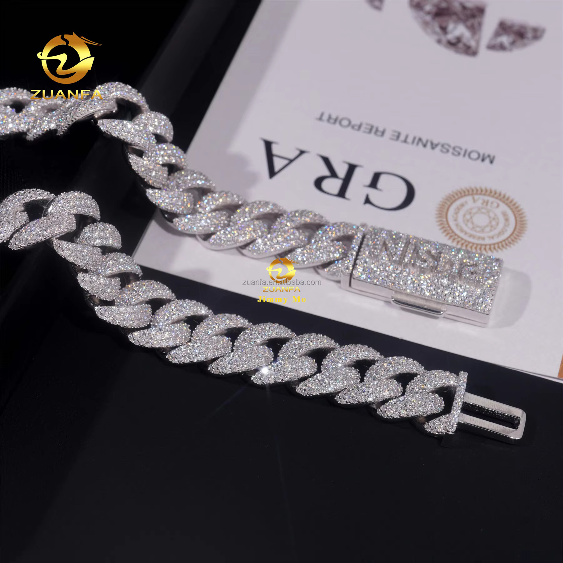 Custom Name Lock 15mm Prong Setting GRA 925 Silver Rhodium Plated Iced Out Hip Hop Moissanite Diamond Miami Cuban Link Chain