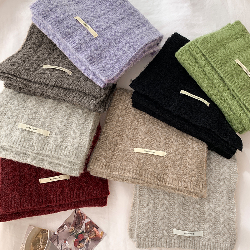 K074 Avocado green wool knitted wool scarf for women autumn and winter Korean style solid color warm thick student twisted scarf