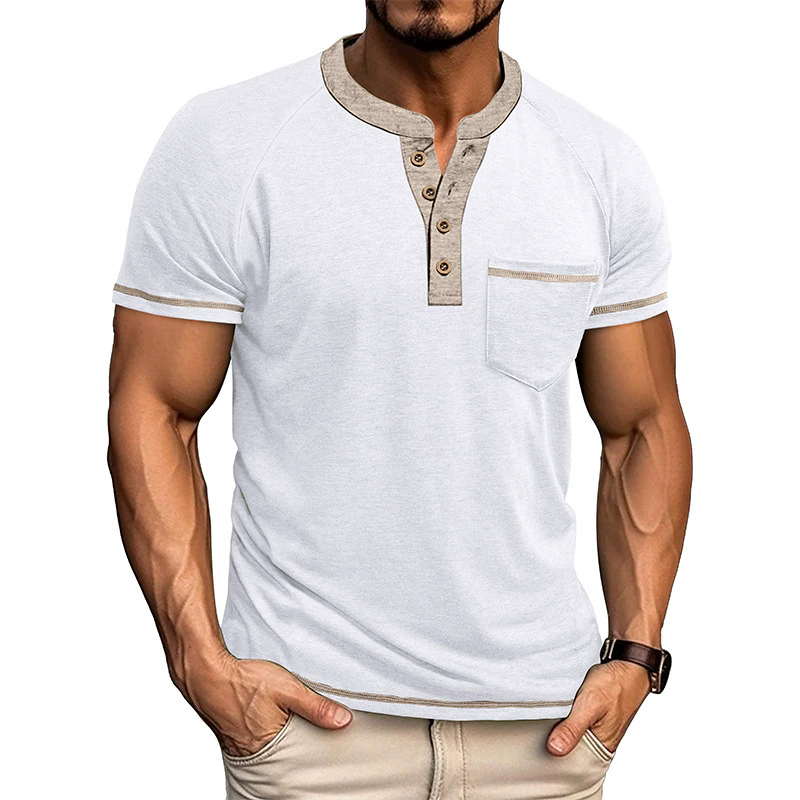 XXXL T-shirts Summer Men's Short-sleeved Henry Shirt Buttons Retro T-shirt Color Matching Polos Clothes Male Pullovers Tops Tees Dark Grey Green 