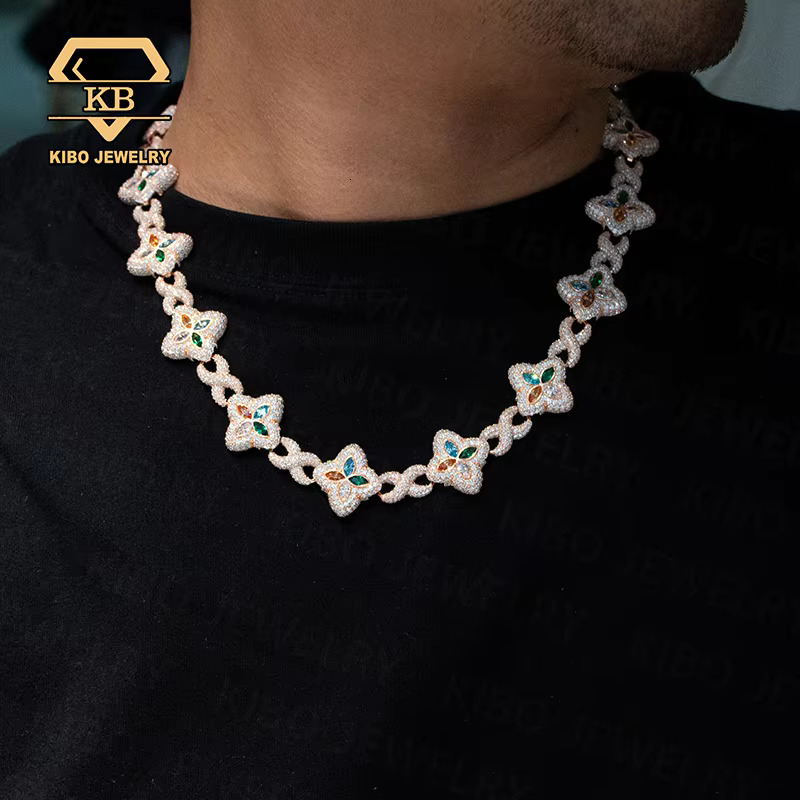 Fashion Hip Hop Jewelry 22mm Rose Gold 925 Sterling Silver Colored Moissanite Diamond Four Leaf Clover Infinity Link Chain