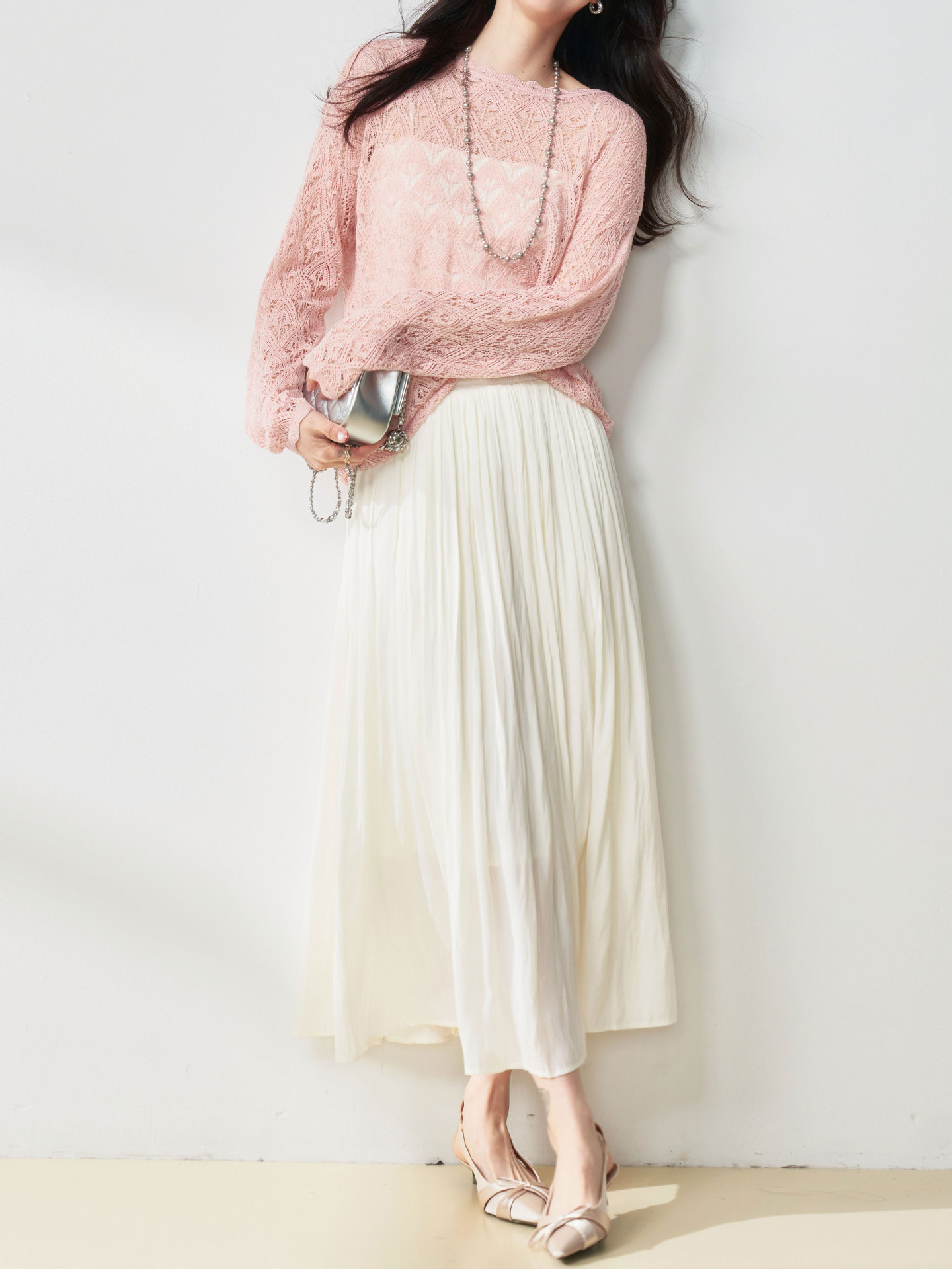 D375 Spring and summer streamer skirt flowing pearlescent silk satin pleated large skirt airy A-line skirt