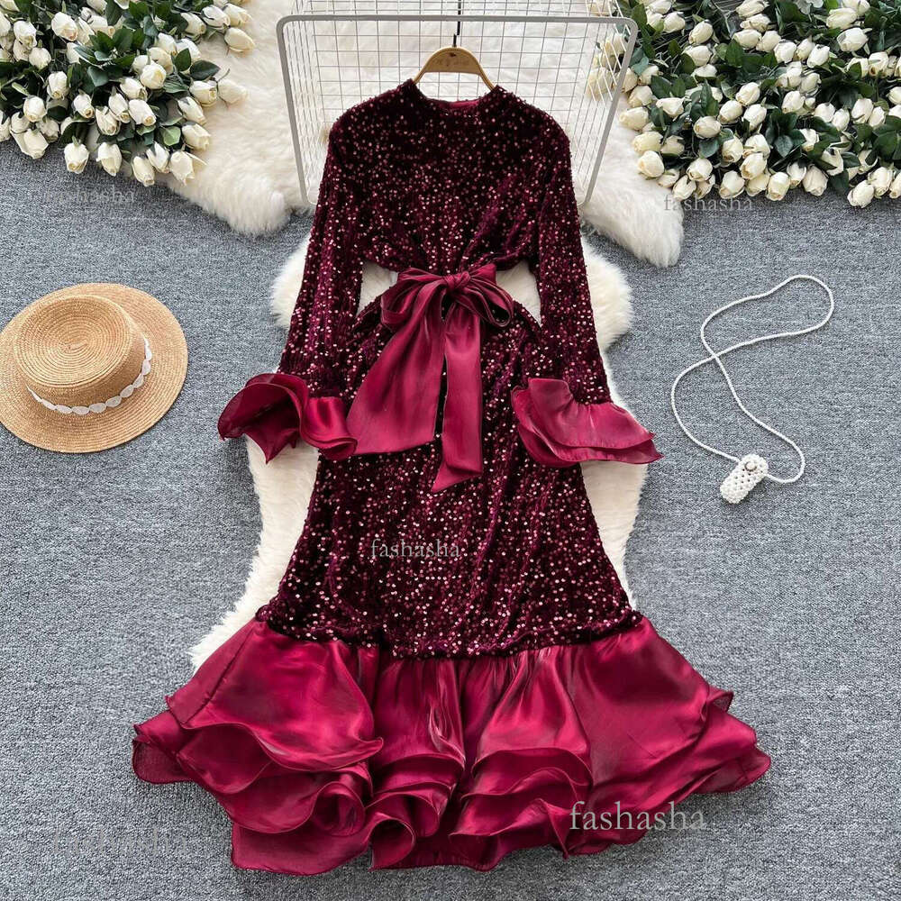 Basic Casual Dresses Bodycon Mesh Patchwork Fishtail Dress Women Long Flare Sleeve Dresses Sequins O Neck Luxury Evening Party Vestidos Dropshipping