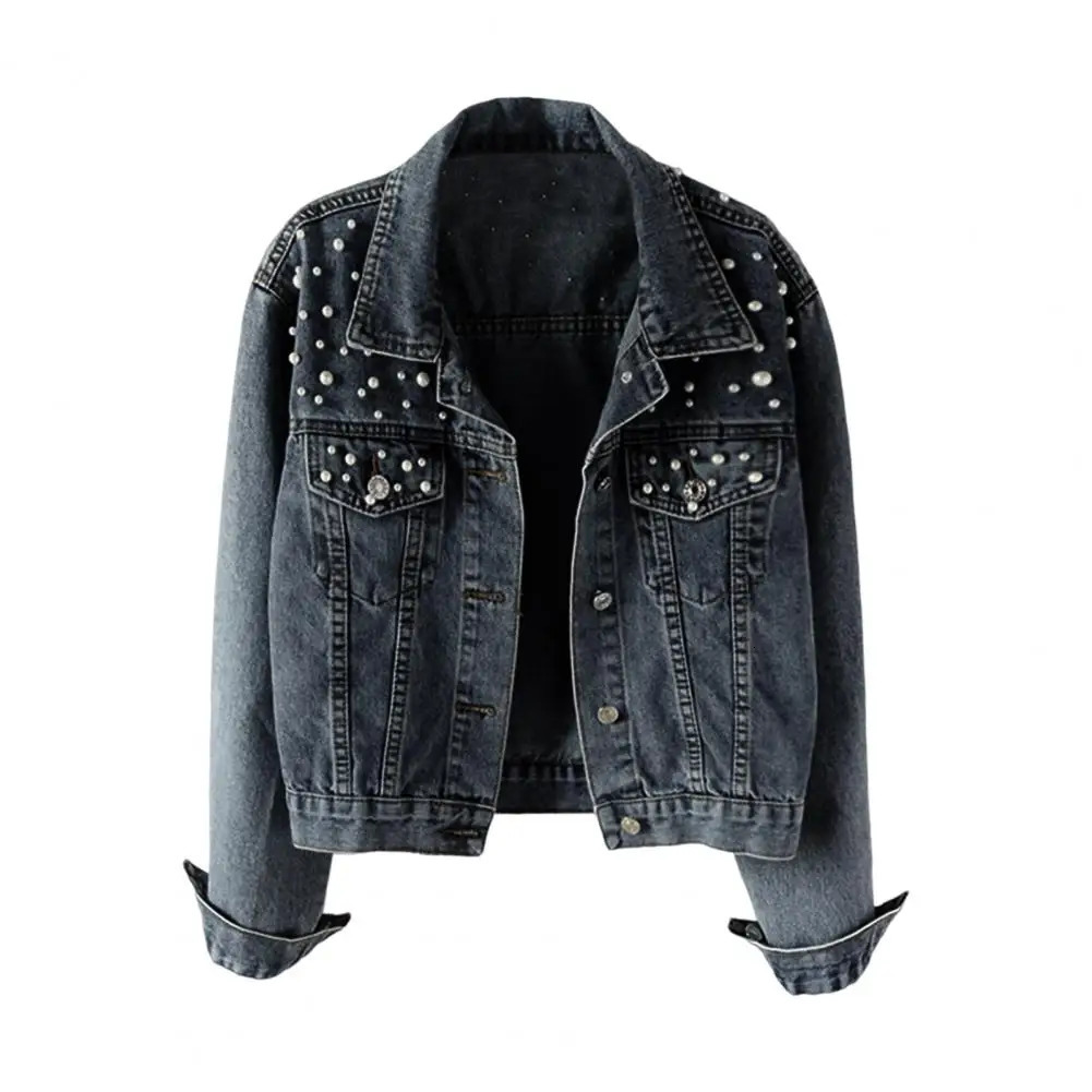 Denim Jacket Solid Single Breasted Cropped Thermal Beaded Long Sleeve Cardigan Faux Pearl Fall Coat 250226