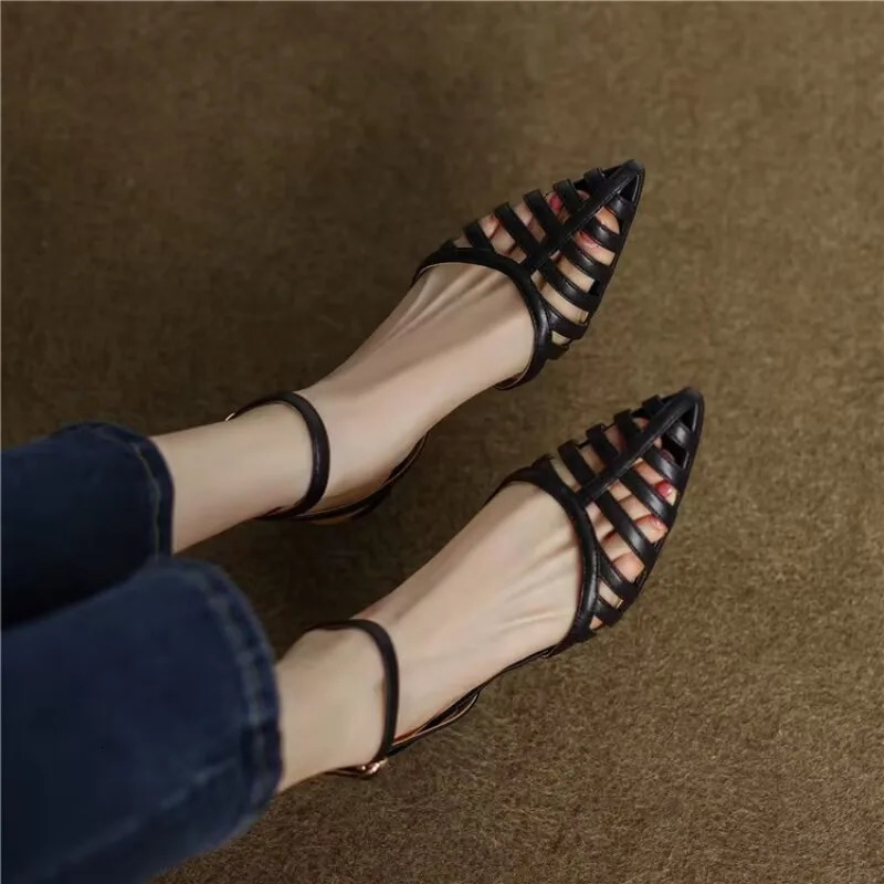 Black Pointed Sandals Summer 2024 Women Niche N Female Oneline Button Hollowout Roman Highheeled Woman Shoes 250306X
