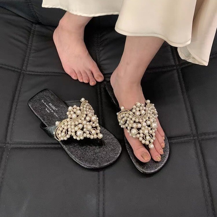 Free Shipping Summer New Sandals Fashion Designer Designer Sandals High Quality All Diamond Soft Women Flat Bottom Pearl Head Slippers Outdoor Casual 