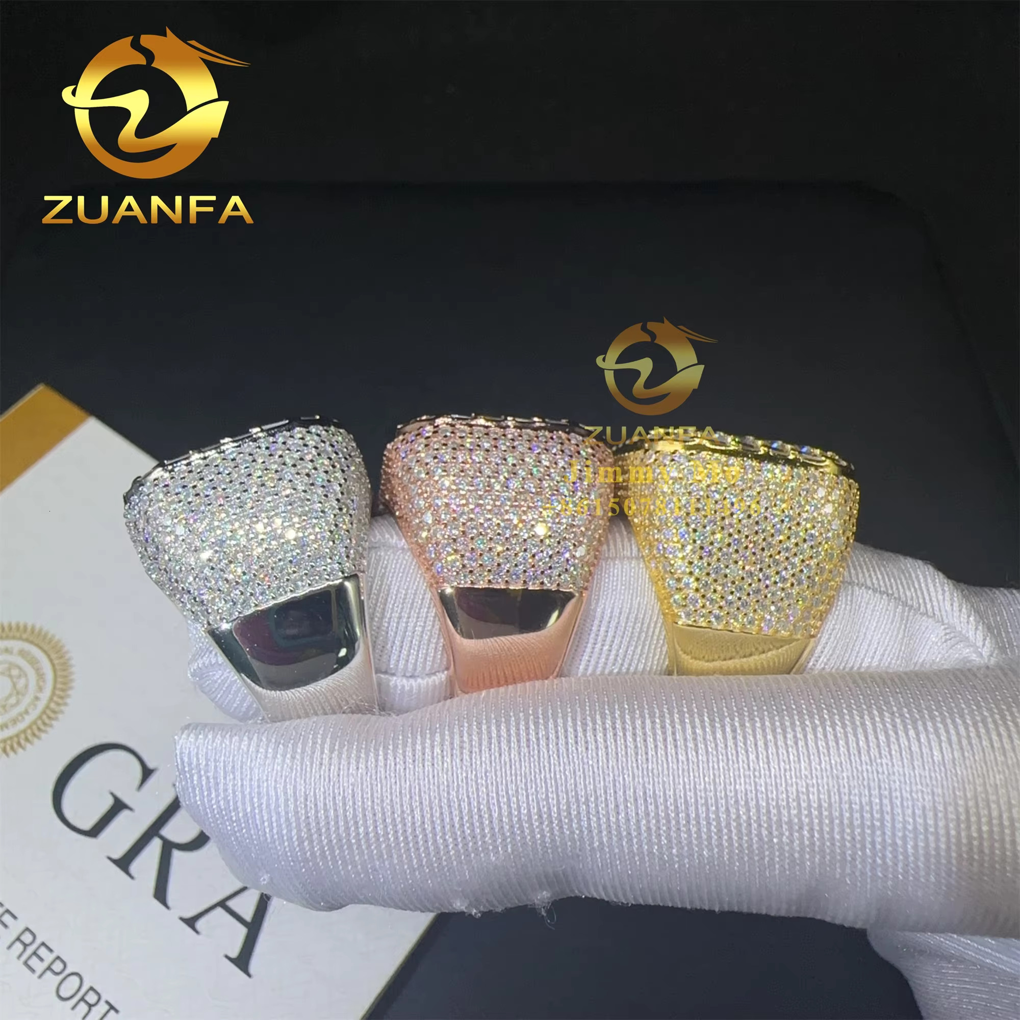 Drop Shipping Fashion Style GRA Certificate Iced Out Hip Hop Vvs Baguette Moissanite Diamond 925 Sterling Silver Ring Men