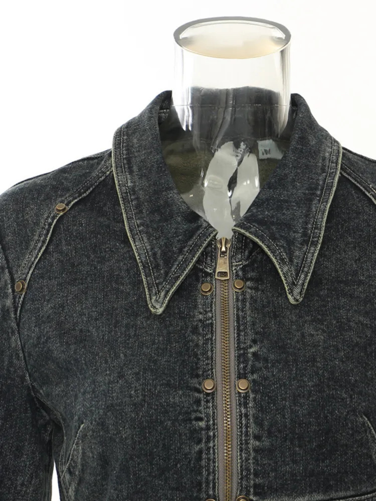 ZMEENNA Heavy Industry Irregular Patch Work Burr Collar n Fashion Womens Cowboy Coat 2024 AutumnWinter ZM207 250226