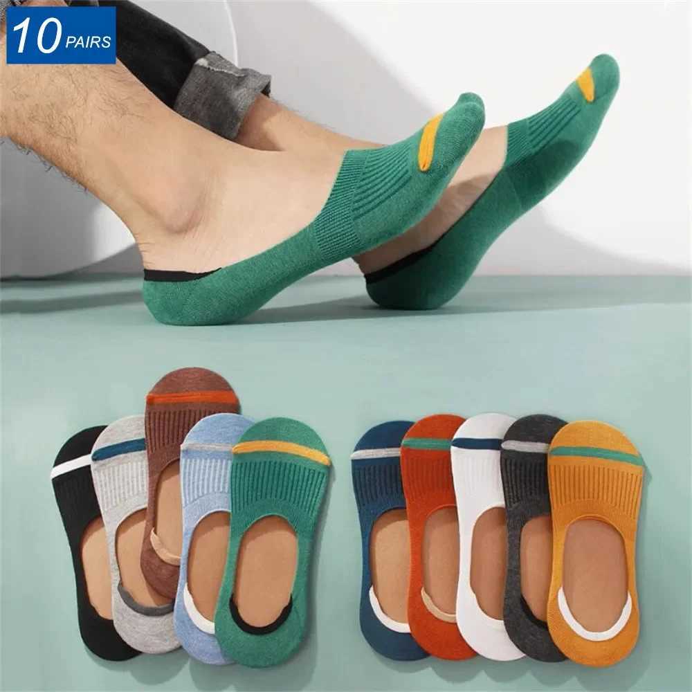 10 Pairs Men Cotton Boat Socks Summer Silicone Non Slip Invisible Thin Socks Sweat-absorbing Male Ankle Sock Slippers MeiasT250307