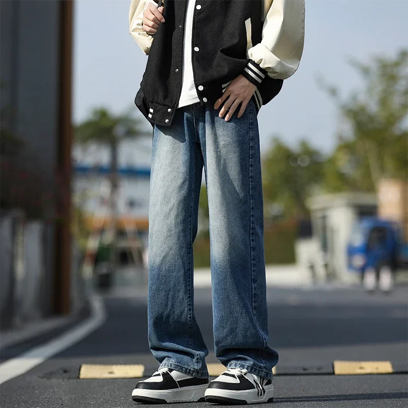 2025 Korean style mens casual long jeans classic straight denim wide leg pants solid color light blue gray up to 3XL 250305