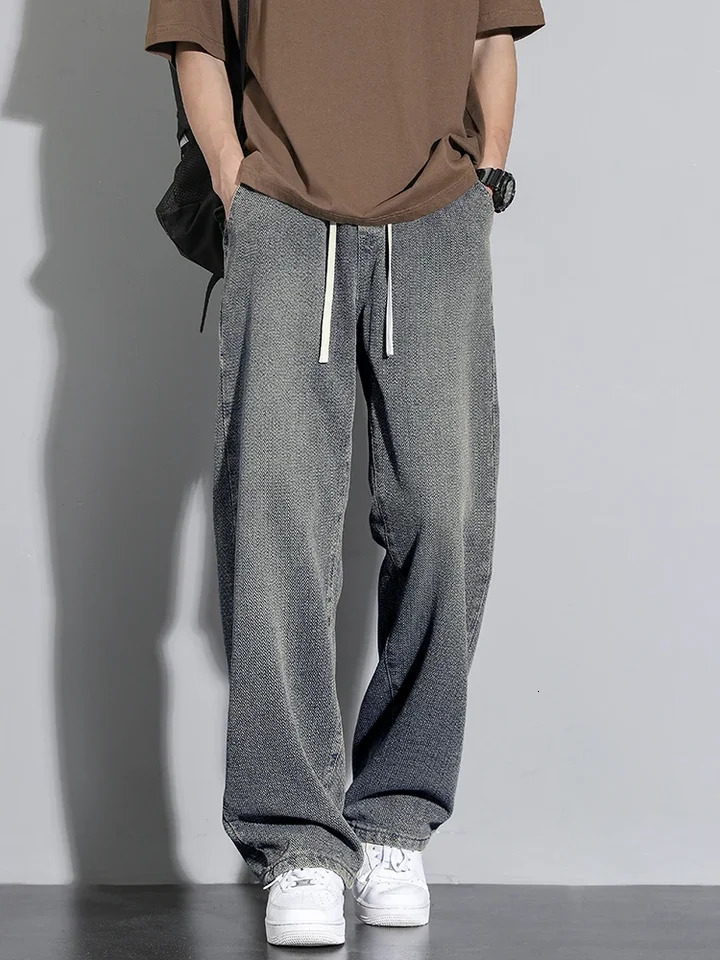 2025 Mens Casual Long Jeans Korean StyleClassic Straight Denim WideLeg Pants Solid Colors Light Blue Grey Black up to 3XL 250305