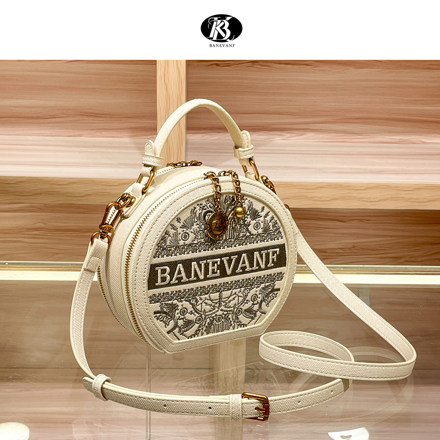 Banevanf/Queen Boni's New Chinese Embroidered Round Cake Light Luxury Fashion Versatile Cross Shoulder Bag 8512# Adjustable Strap