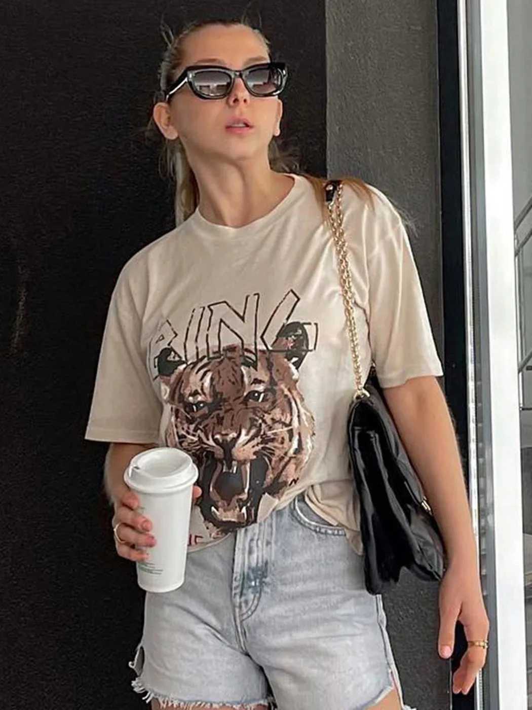 Women's T-Shirt Tiger Graphic T-Shirt Women Short Slve Round Neck Fashion Ts Tops 2024 Summer Clothes Vintage T Shirt T-shirts Female Y250307EL8O