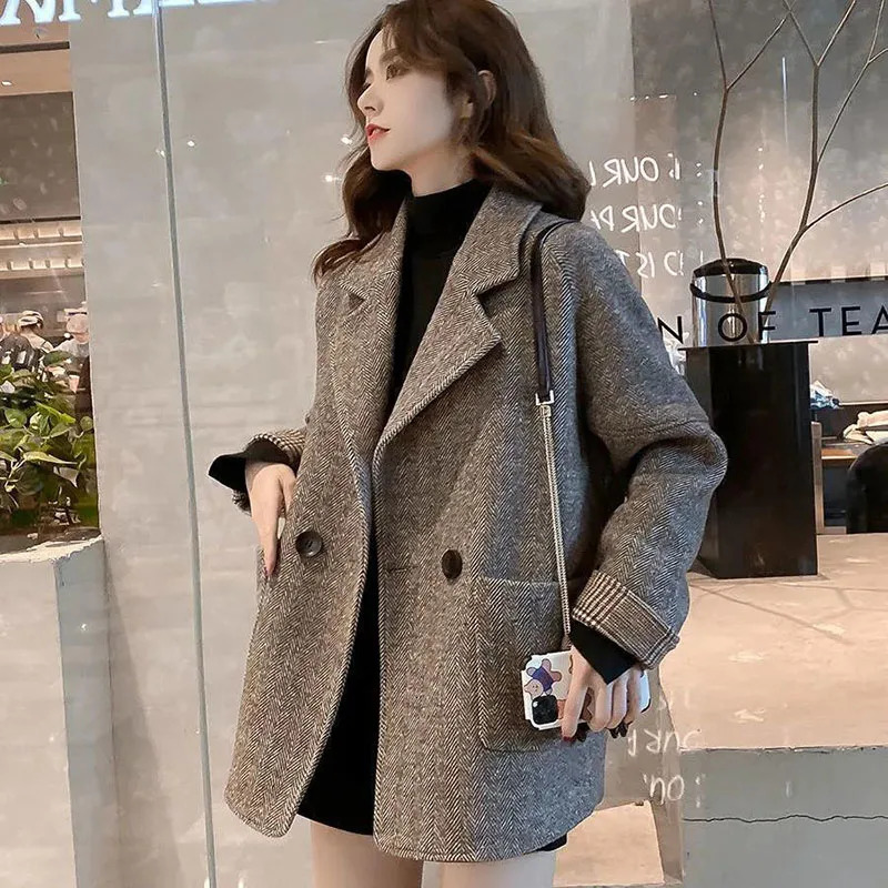 Fashionable Womens Highend Wool Jacket Retro Autumn Coat Loose Casual Top Office Professional Suit 250225