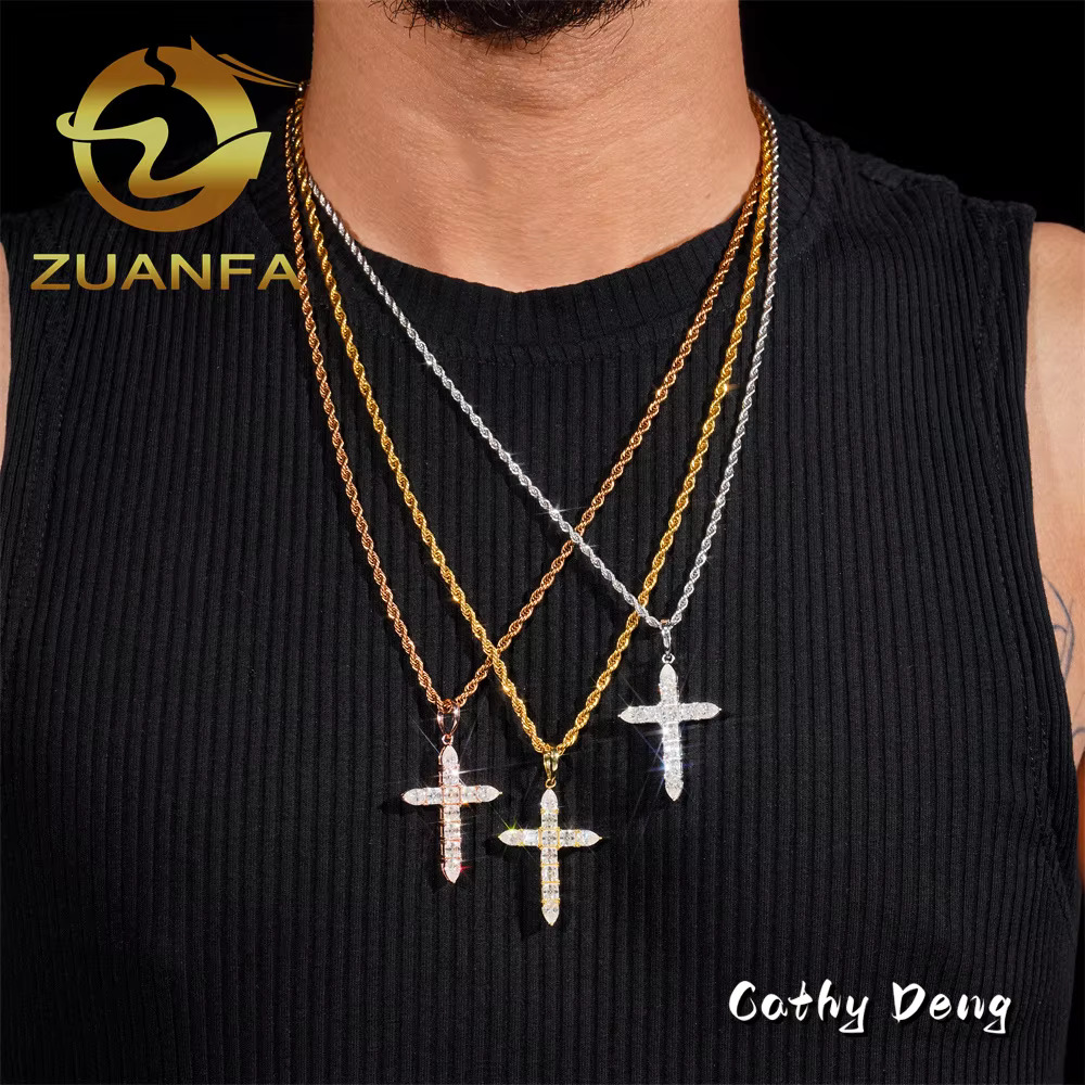 Trendy Hip Hop Jewelry Asscher Cut Moissanite Cross Pendanticed Iced Out Pendant Silver 925 Moissanite Charm Cross Pendant