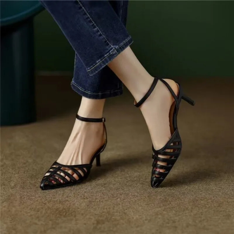 Black Pointed Sandals Summer 2024 Women Niche N Female Oneline Button Hollowout Roman Highheeled Woman Shoes 250306X
